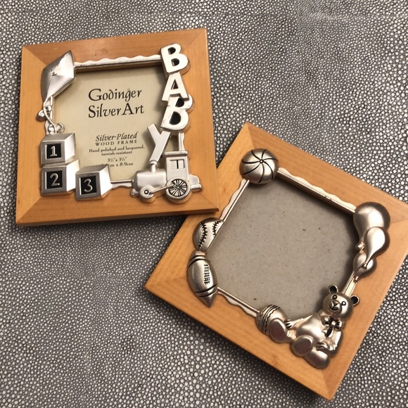 BABY 2 Picture Frames Silver Plated Wood Frame Hand Polished Lacquered 3.5”x3.5” - Picture 5 of 6